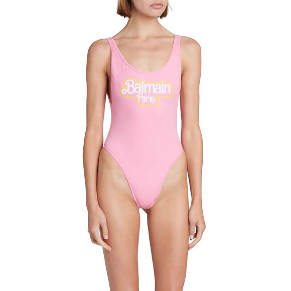 NWT Balmain x Barbie Logo Scoop Neck Open Back One-Piece Swimsuit Pink Size 34/2 - Picture 1 of 8
